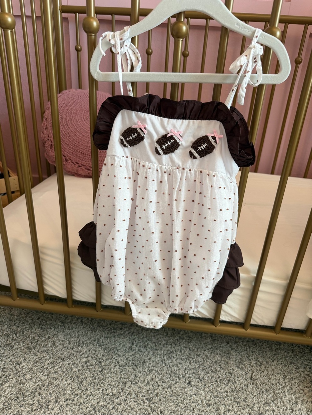 Girls' White & Brown Football Smocked Bubble Romper